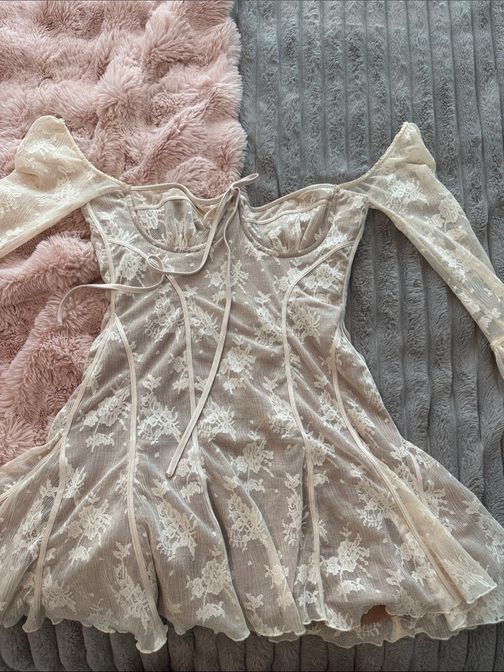 House of CB Sheer Lace Off-Shoulder Long Sleeve Mini Dress in Nude - Picture 1 of 2